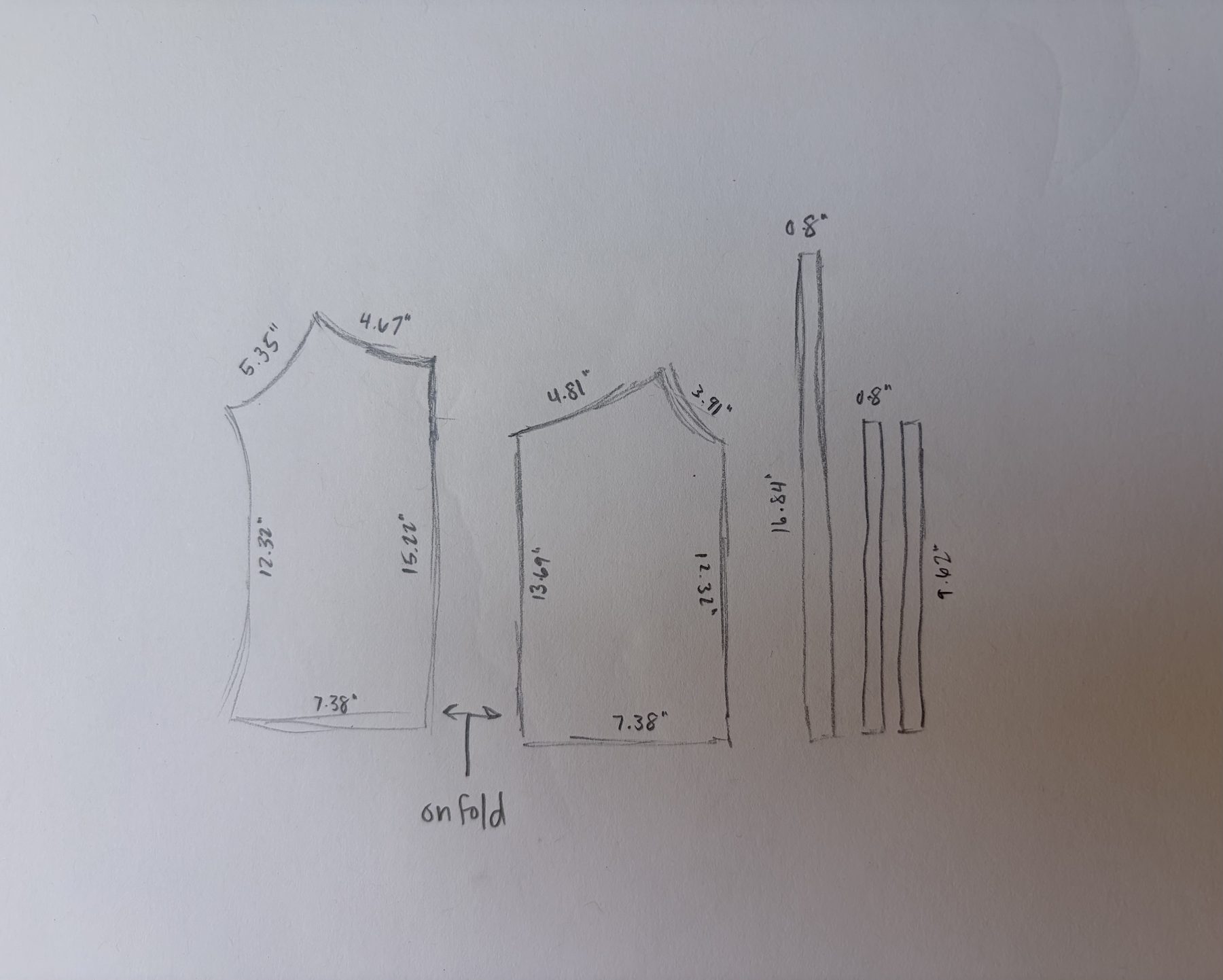 Hand-drawn tank top pattern pieces with measurements in inches